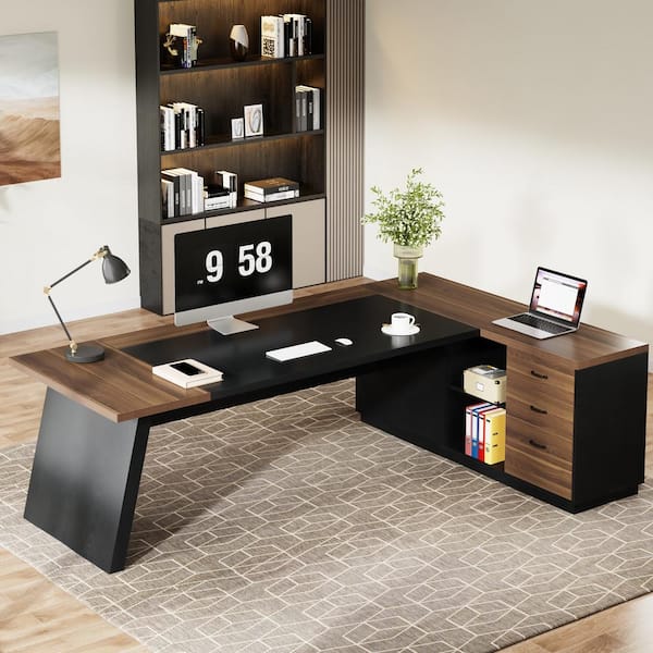 BYBLIGHT Capen 78 in. L Shaped Light Walnut and Black Wood