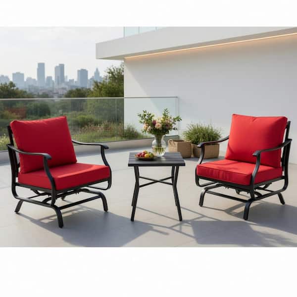 3-Piece Black Steel Rocking Chair Set – Coffee Table & Red