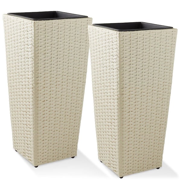 White 11.25 in. x 23 in. Wicker Poly Rattan Decorative Baskets Tall Outdoor Planters with Liners (Set of 2)