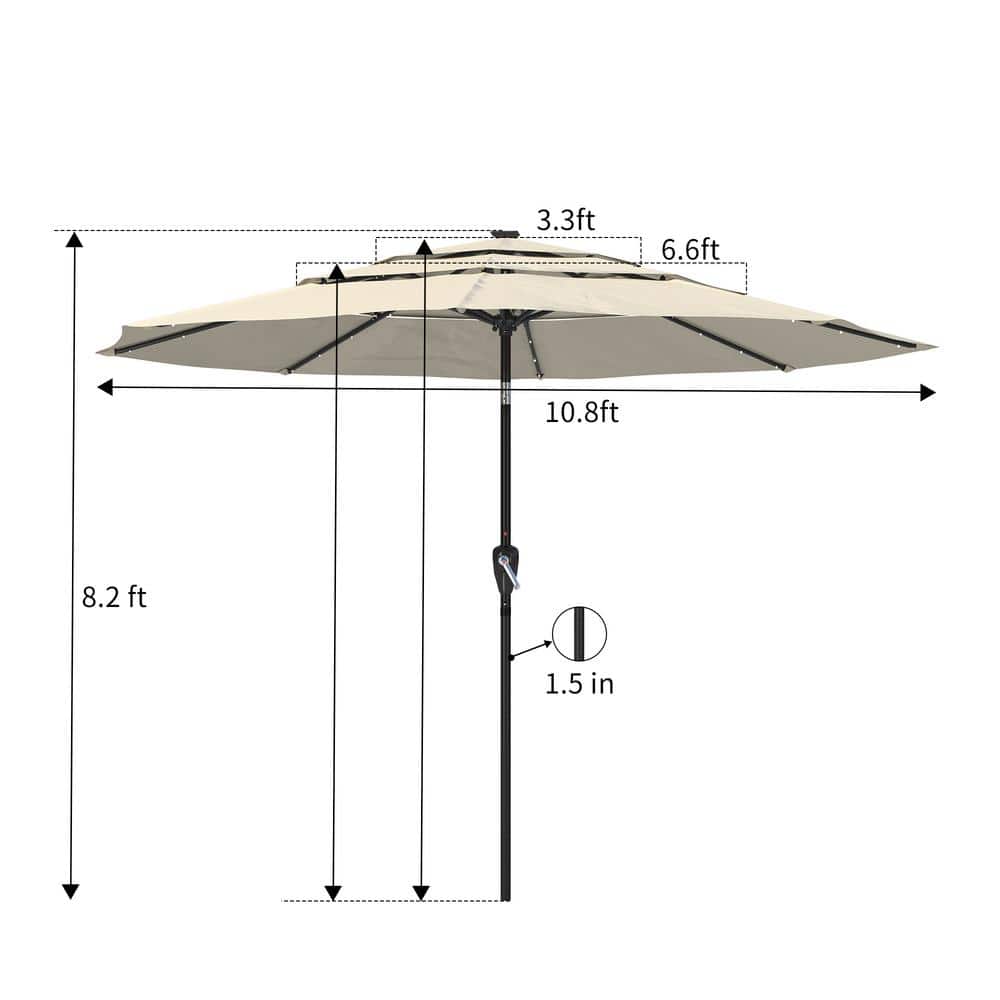 11 ft Tan Aluminum Market Patio Umbrella with LED Lights