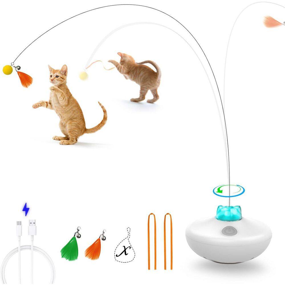 Interactive Cat Toys Rechargeable Tumbler Spin Butterfly Game with Extra Long Feather Wand for Indoor Cats