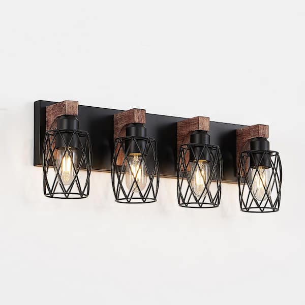 24 in. W 4 Light Bathroom Vanity Light with Metal Cage Over Mirror, Walnut Wall Sconce, E26, No Bulbs Included