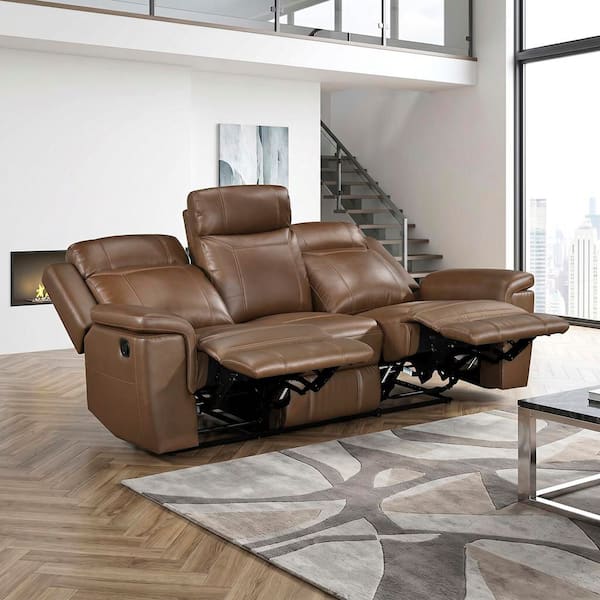 Zorven 83.5 in. W Pillow Top Arms Top Grain Leather Rectangle Manual Double Reclining Sofa with Tab Pull Motion in Camel