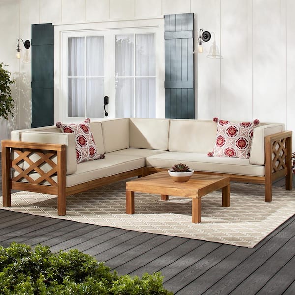 Hampton Bay Willow Glen Farmhouse Wood Outdoor Patio Sectional Sofa with Beige Cushions, and Coffee Table
