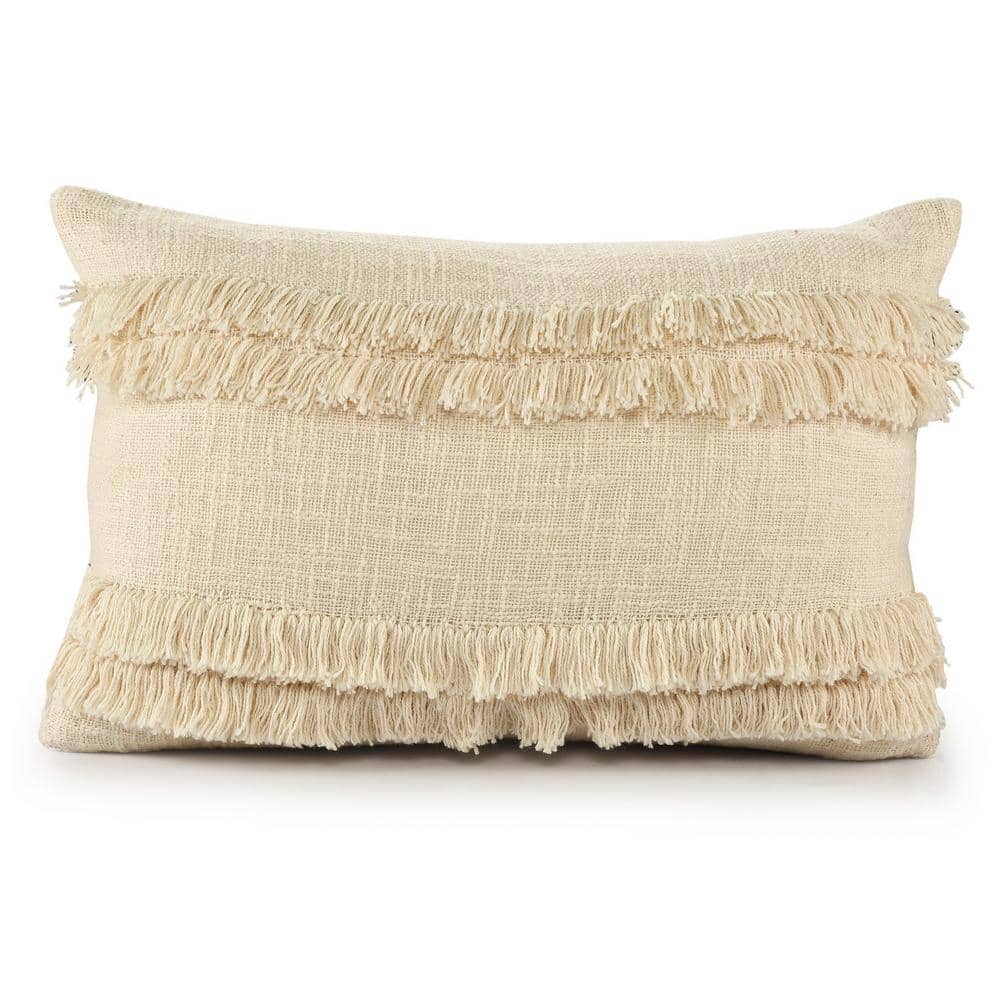 Beverly Cream Fringed Solid Soft Poly-fill 14 in. x 20 in. Indoor Throw Pil
