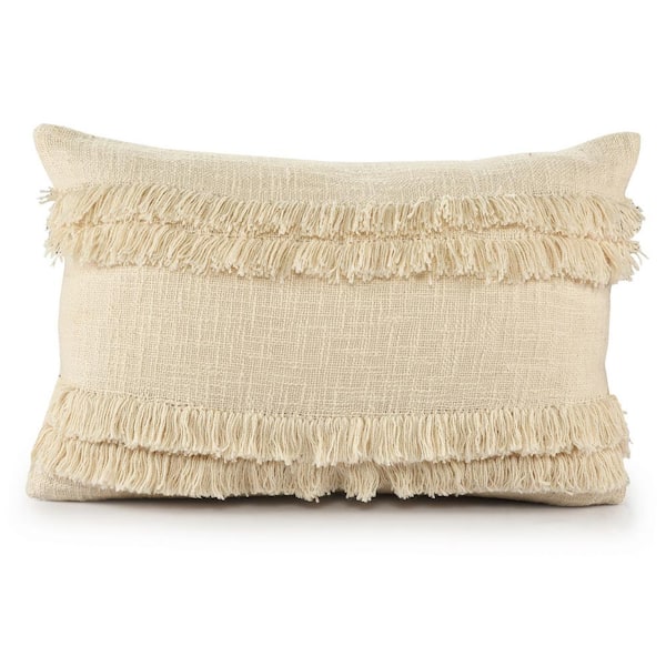 Unbranded Beverly Cream Fringed Solid Soft Poly-fill 14 in. x 20 in. Indoor Throw Pillow
