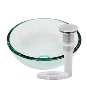 12 in. Mini Clear Tempered Glass Round Bathroom Vessel Sink with Pop-Up Drain in Brushed Nickel