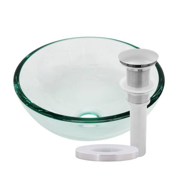Novatto 12 in. Mini Clear Tempered Glass Round Bathroom Vessel Sink with Pop-Up Drain in Brushed Nickel