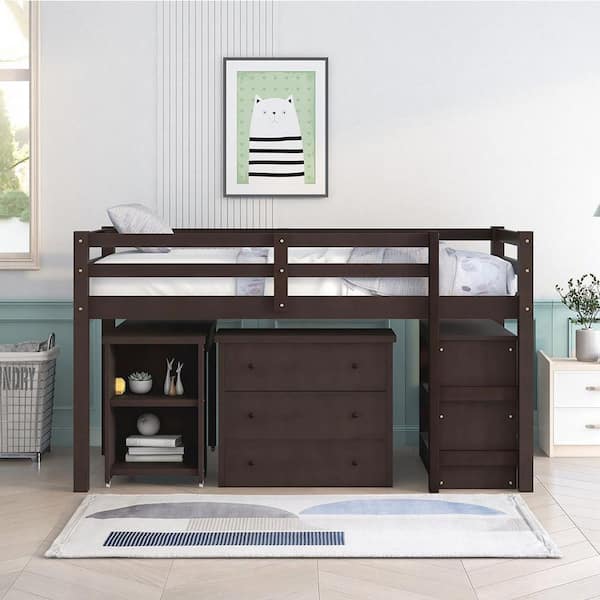 Espresso Twin Size Low Study Loft Bed Frame with Storage Cabinet and Rolling Portable Desk for Kids and Teenagers