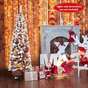 6 ft. Snow Flocked Pencil Artificial Christmas Tree Artificial Pine Tree with Metal Stand