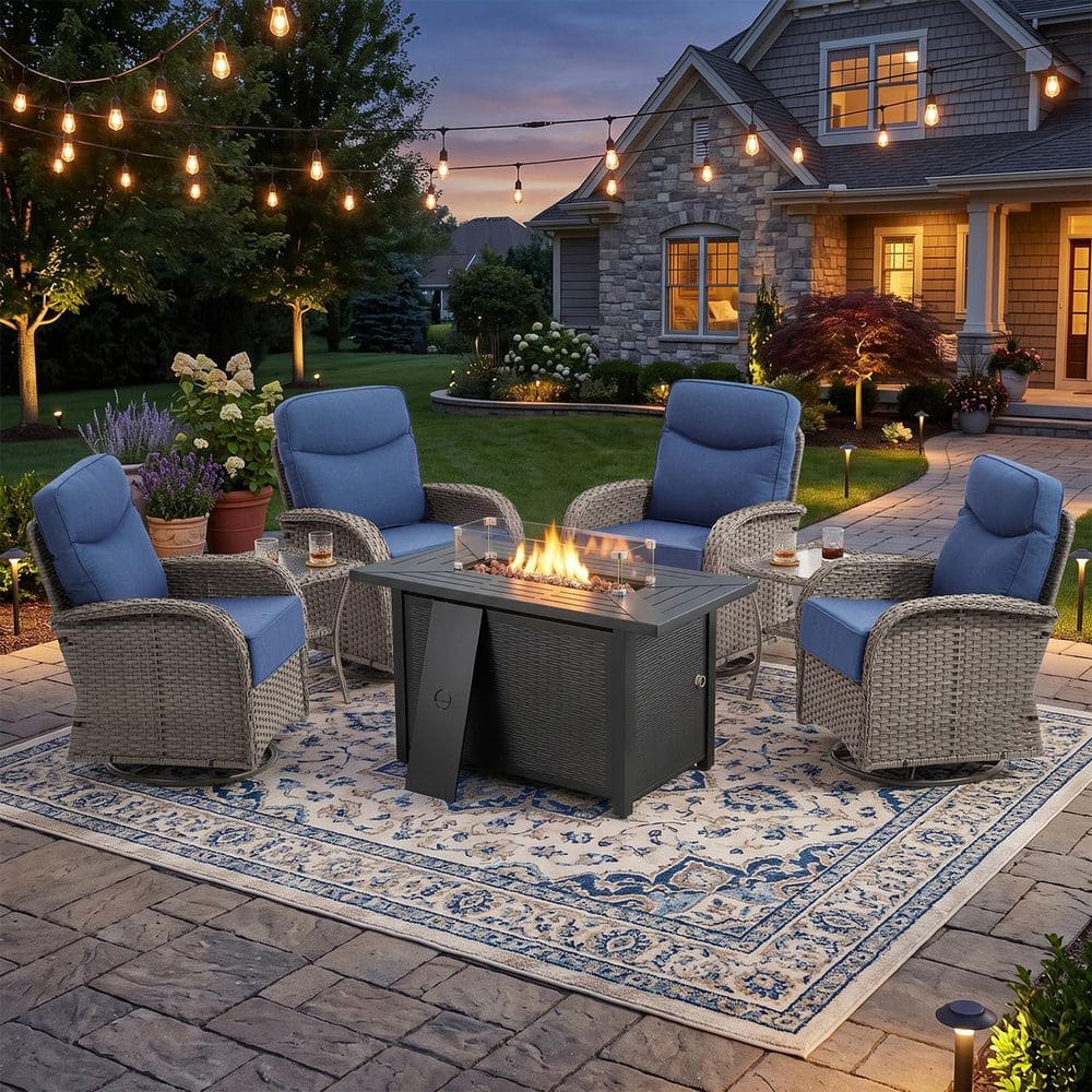 Moonridge 7-Piece Gray Wicker Fire Pit Conversation Set with 6 In. Olefin Blue Cushions / Patio Swivel Chairs price history on PriceWatchPro