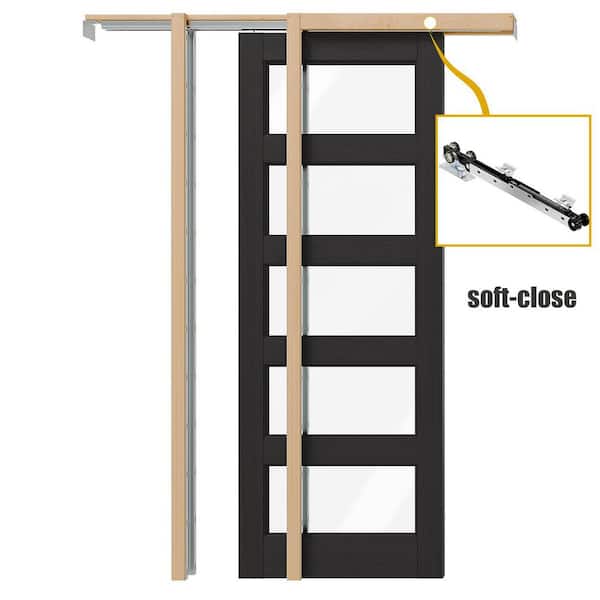 (32X2) 64 in. x 80 in. 5-Lite Clear Glass Black PVC Covering MDF. Wood Pocket Door with Soft-close and Frame Kit Set