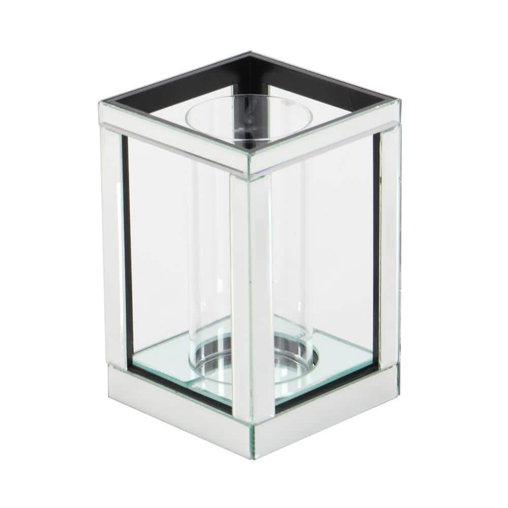 10" Silver Mirrored Glass Hurricane Candle Holder