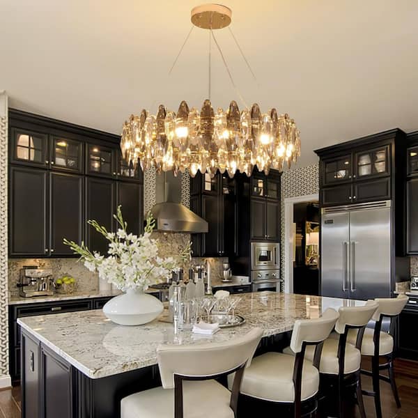32 in. 12-light Gold Modern Meteorite Crystal Chandelier for Kitchen Island Dinning Table Living Room