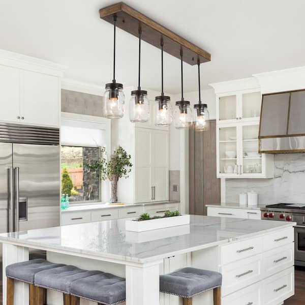 Industrial Kitchen Island Faux Wood Chandelier Farmhouse 5-Light Dining Room Black Chandelier with Mason Jar Shades