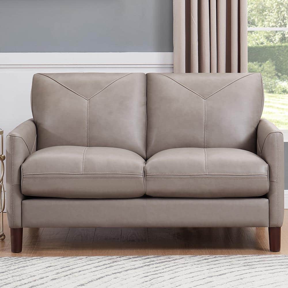 Yorkdale 57 in. Stone Gray Solid Top Grain Leather 2-Seats Loveseat with Re