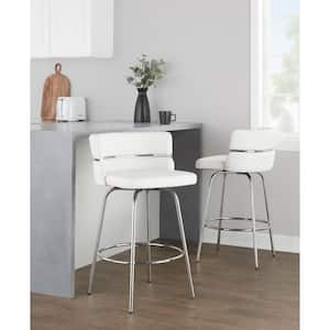 Cinch Claire 25.75 in. White Faux Leather and Chrome Metal Fixed-Height Counter Stool with Round Footrest (Set of 2)