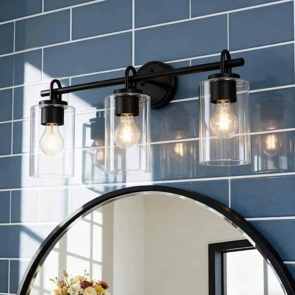 LNC Modern Black Bathroom Vanity Light with Cylinder Clear Glass Shades 22 in. 3-Light Minimalist Powder Room Wall Sconce