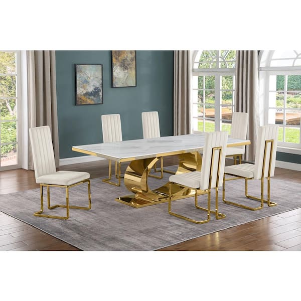 Best Quality Furniture Ibraim 7-Piece Rectangle White Marble Top Gold Stainless Steel Dining Set with 6 Cream Velvet Gold Chrome Iron Chair