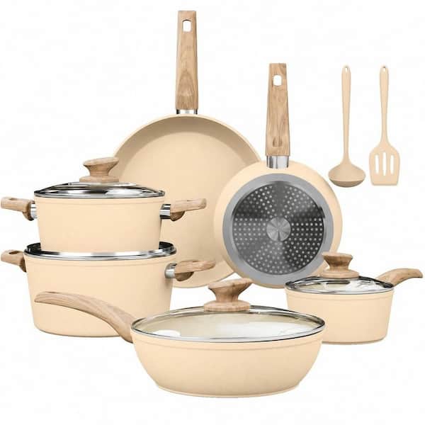 12-Piece Nonstick Aluminum, Granite Cookware Set in Beige, Healthy Cookware Set with Toxin-Free, No PFAS, PTFE, PFOA