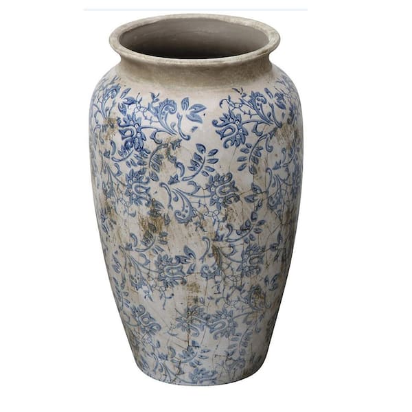 Unbranded 12 in. H x 7.5 in. W Ingram Terracotta Decorative Vase in Blue and White