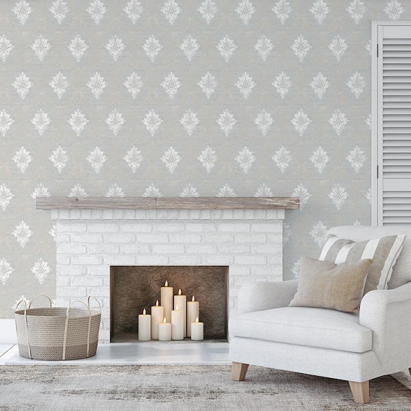 Silk Damask Wallpaper in Silver and Gray