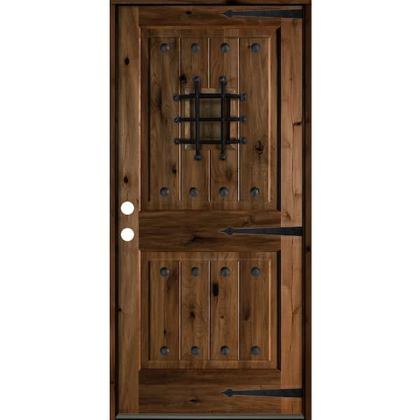 Krosswood Doors 36 in. x 80 in. Mediterranean Knotty Alder Square Top Provincial Stain Right-Hand Inswing Wood Single Prehung Front Door