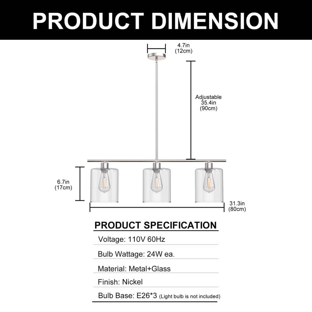 Brushed Nickel 3-Light Linear Island Pendant with Clear Glass Shades