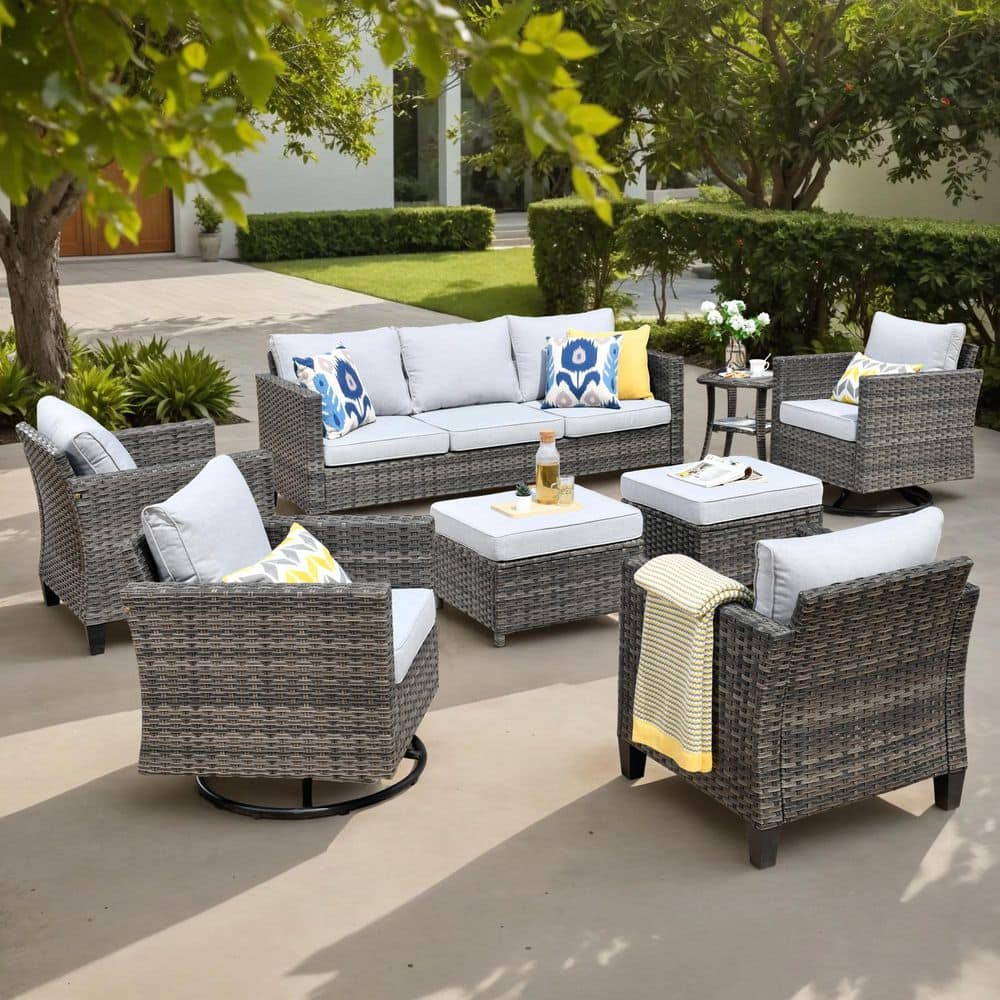 Camden 8-Piece Wicker Patio Furniture Outdoor Patio Conversation Set with Light Gray Cushion, Swivel Chair and Ottoman price history on PriceWatchPro