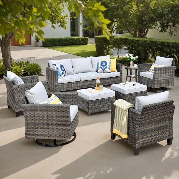 Camden 8-Piece Wicker Patio Furniture Outdoor Patio Conversation Set with Light Gray Cushion, Swivel Chair and Ottoman