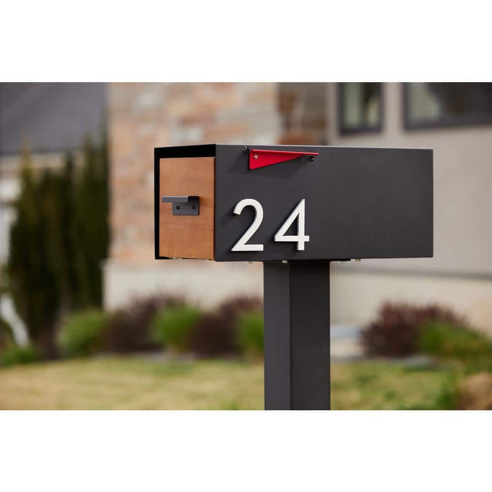 Malone Black Steel Mailbox with Brass Number and Wood-Styled Door