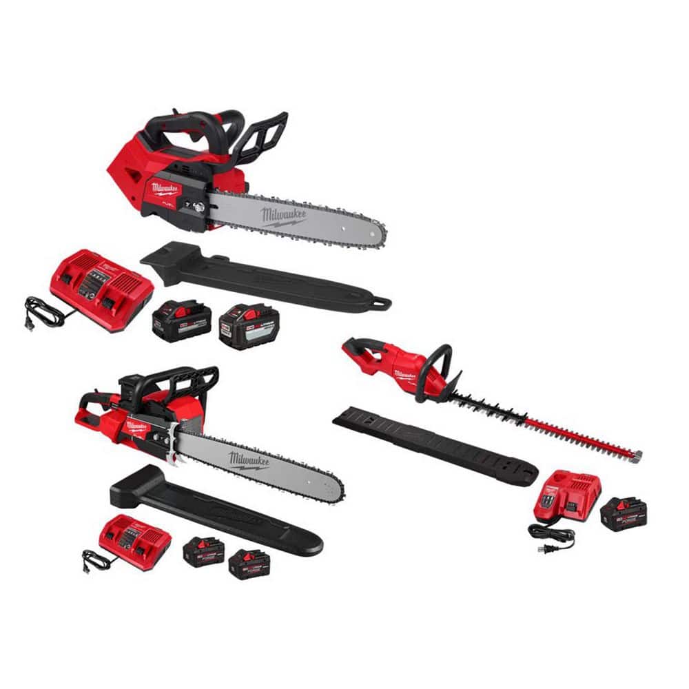 MILWAUKEE M18 FUEL 14 in. 18V Brushless Battery Top Handle Chainsaw Kit w/ M18 Dual Battery Chainsaw Kit, M18 Hedge Trimmer Kit (2826-22T-28)