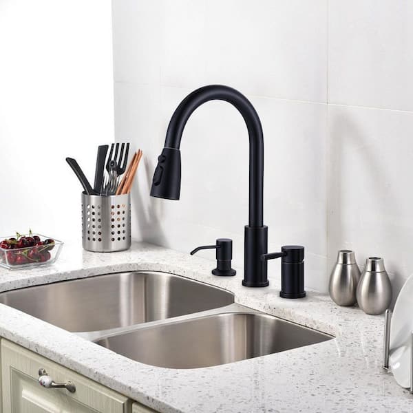 15 in. H Single Handle Pull Down Sprayer Kitchen Faucet with Soap Despenser and 360° Swivel Spout in Oil Rubbed Bronze