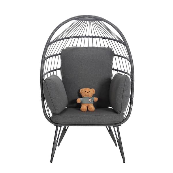 Unbranded Egg Chair Wicker Outdoor Indoor Oversized Large Lounger with Stand Cushion Egg Basket Chair for Patio, Balcony, Gray