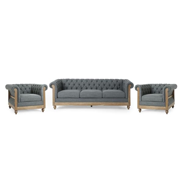 Noble House Petes 3-Piece Fabric Top Charcoal and Dark Brown Living Room Set