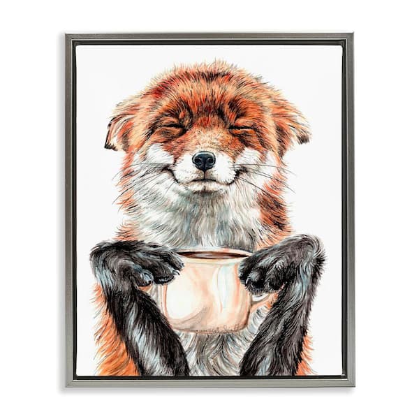 Stupell Industries Happy Fox with Coffee by Holly Simental 1-Piece Gray Floater Frame Animal Graphic Art Print 17 in. x 21 in.