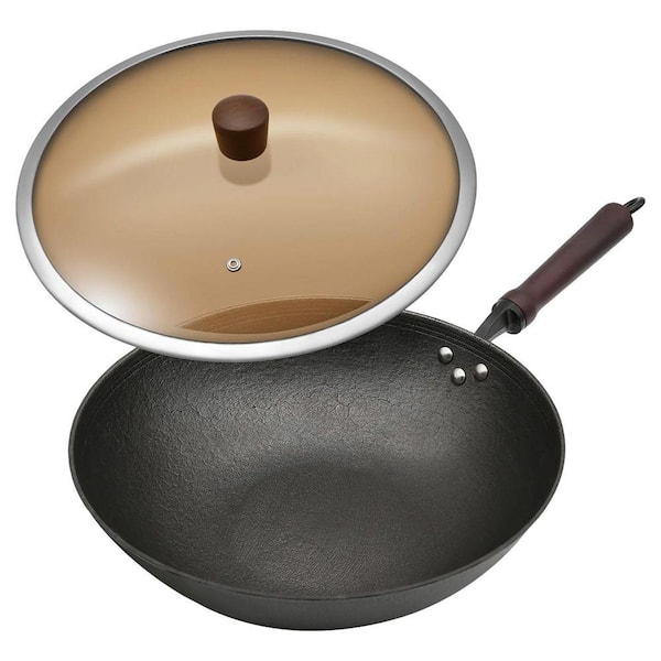 Cast Iron Wok Pan 11.8 in. Pre-Seasoned Flat Bottom Black Nonstick Stir Fry Pan with Glass Lid for Induction Gas