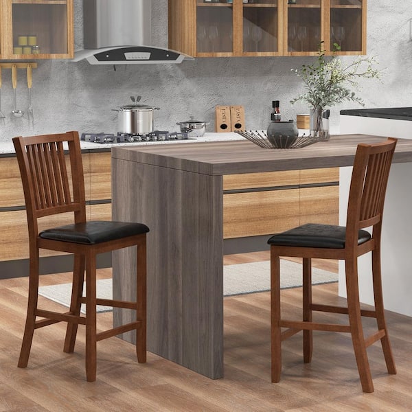 Costway 25.5 in. Bar Chair Set with Backrest Padded Seat Footrest Rubber Wood Frame Bar Stool Set of 2