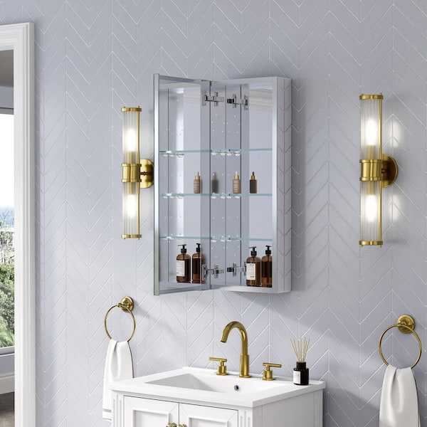 12 in. W x 30 in. H Rectangular Bevel Medicine Cabinet with Mirror in Silver with Adjustable Shelves, Soft-Close