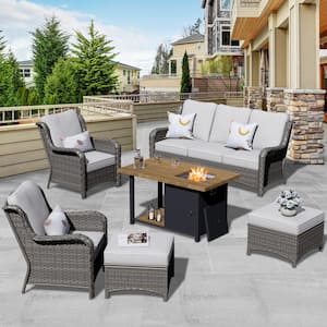 Joyo Ung Gray 6-Piece Wicker Outdoor Patio Fire Pit Table Conversation Seating Set with Gray Cushions