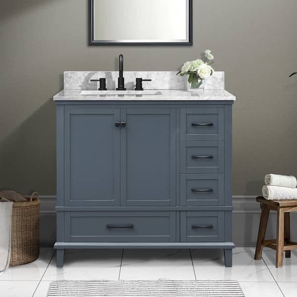 Merryfield 37 in. Single Sink Dark Blue-Grey Bath Vanity with White Carrara Marble Top (Assembled)