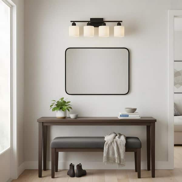 24.8 in. 4-Light Matte Black Bathroom Vanity Light with White Glass Shades