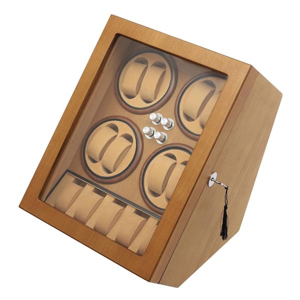 YIYIBYUS 15.8 in. x 12.6 in. x 12.6 in. Light Brown Wood Watch Storage Box 4 Modes Watch Winder with LED Light and Lock