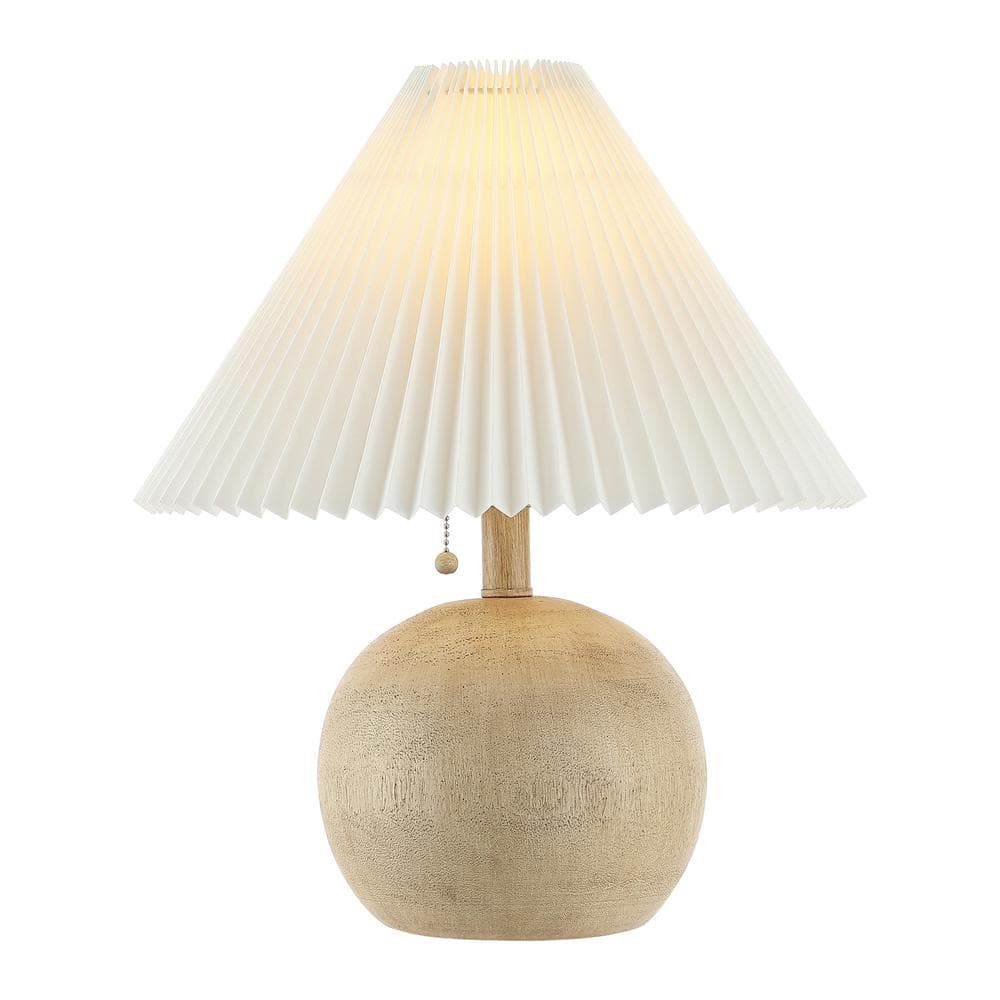 Beige Wood Finish Round Resin Bedside Table Lamp with Linen Shade