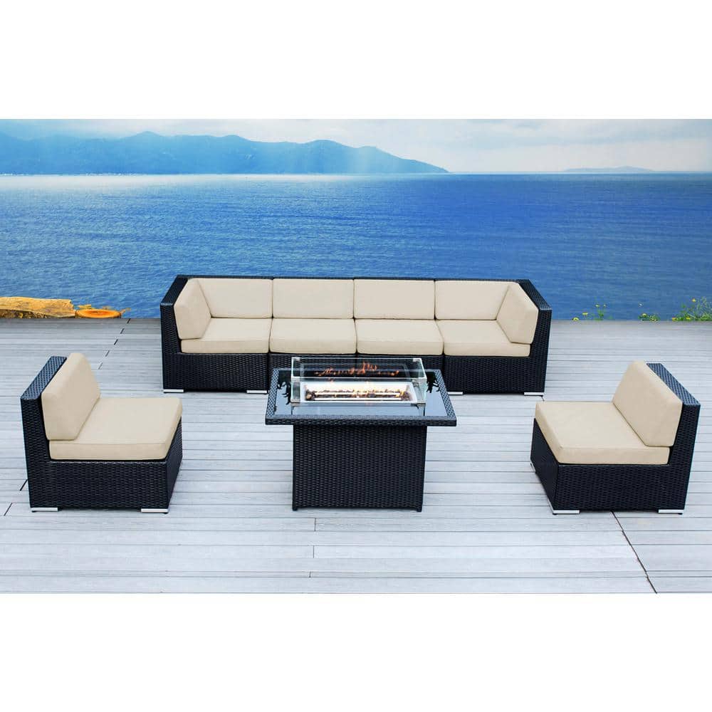 Ohana Depot Ohana Black 7 Piece Wicker Patio Fire Pit Seating Set with