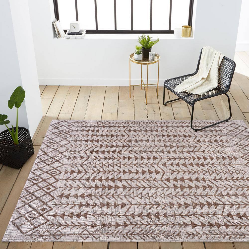 Beige and Brown Geometric Bohemian Indoor/Outdoor Area Rug