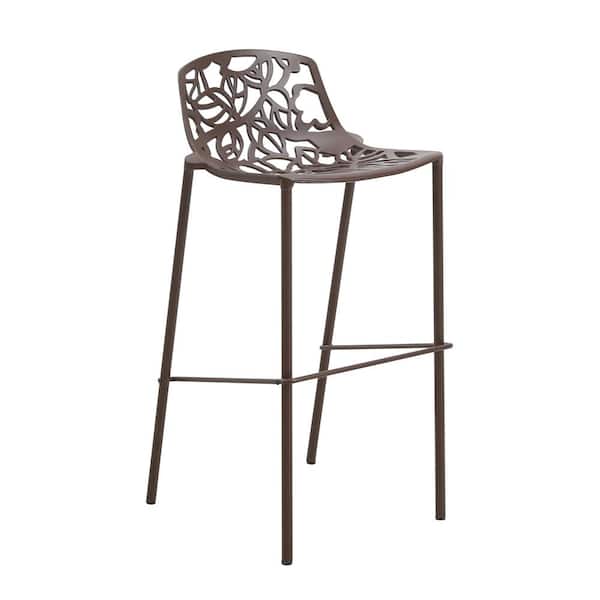 Leisuremod Devon Mid-Century Modern Aluminum Outdoor Bar Stool with Powder Coated Frame and Footrest, Brown