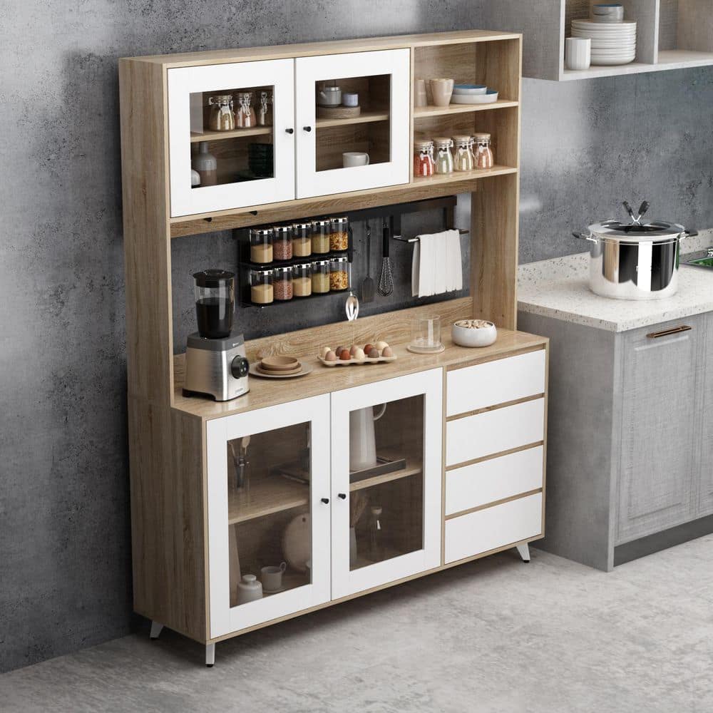 FUFU GAGA 63 in. W Kitchen Light Brown Wood Buffet Sideboard Pantry Cabinet with Glass Doors 4 Drawers Hooks Open Shelves