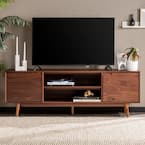 Welwick Designs 70 in. Walnut Solid Wood Mid Century Modern TV Stand ...