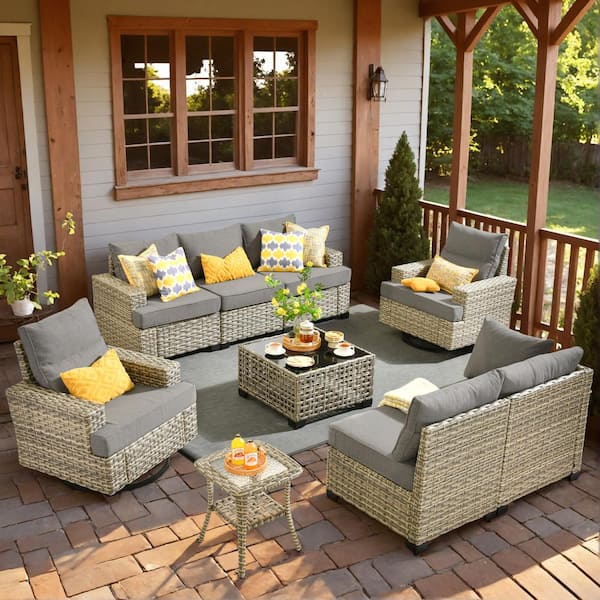 HOOOWOOO Kelleys 9-Piece Wicker Outdoor Patio Conversation Sofa Sectional Furniture Set with Swivel Chairs and Dark Grey Cushions